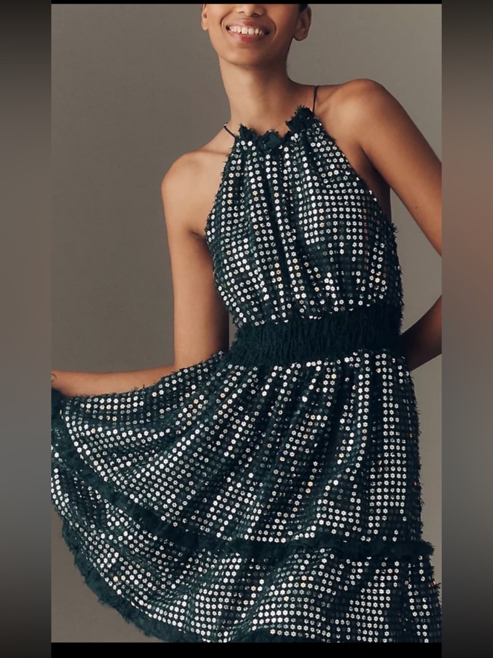 Anthropologie Dark Green Sequin Halter Mini Dress